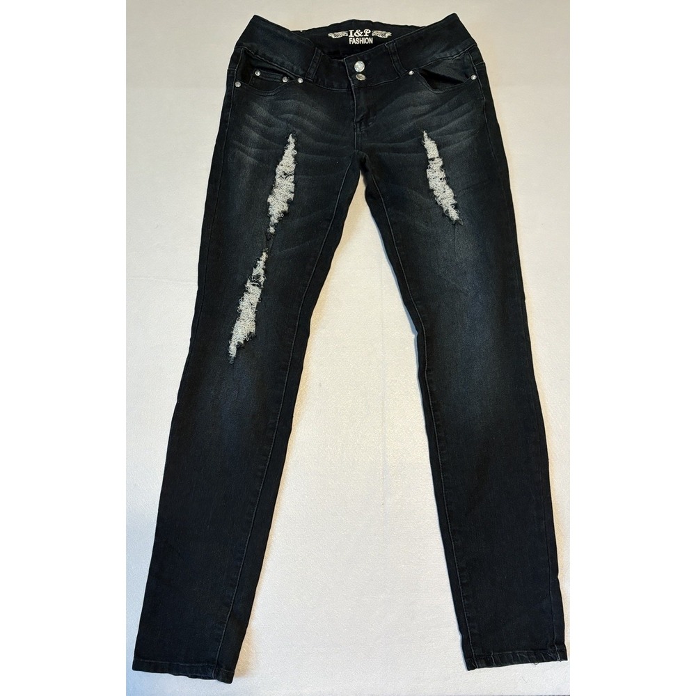 Vintage Y2K I&P FASHION Embellished/Distressed Denim Dark Blue Jean Pants Sz 7
